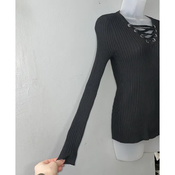 MAZE Lace Up Sweater Size Medium Black Ribbed Knit Office Siren Dark Romantic - Image 2