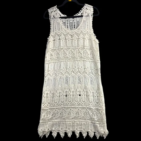 Asha OSFM Cream Crochet Lace Sleeveless Dress Cotton‎ Boho Beach Coverup - Image 2