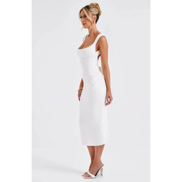 NWT Babyboo Malina Ivory Cowl Neck Ruched Low Tie Back Midi Dress Womens Size S - Image 5