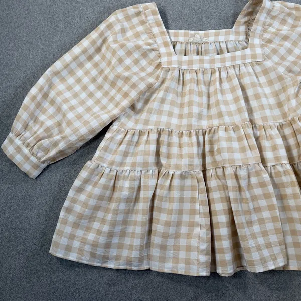 Entro Women's Small Beige White Gingham Square Neck Tiered Babydoll Top Blouse - Image 2
