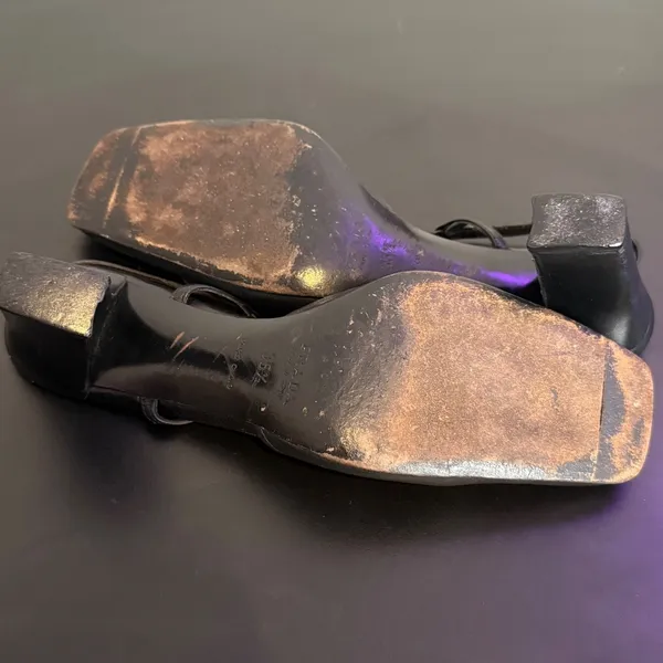 Vintage Prada Black Leather Square Toe Slingback Pump Size 35.5 Gold Buckle y2k - Image 12