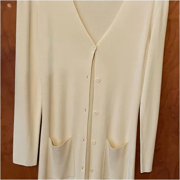 Max Studio Long button up cardigan with long sleeves in a cream color - Image 3