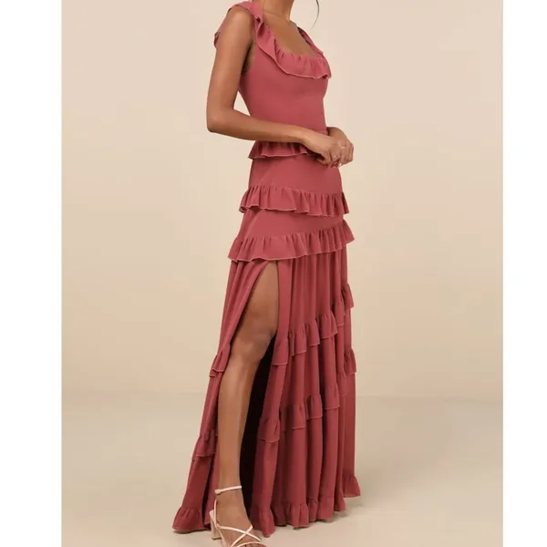 NEW Compelling Romantic Rusty Rose Ruffled Tiered Garden Party Maxi Dress Large - Image 3
