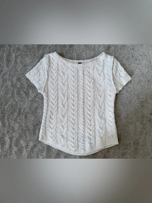 Free People Baby Cable Tee in Ivory Off White Size Small Cotton Blend Boho - Image 3
