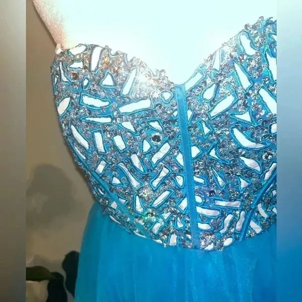 NWT Narianna Corset Back Blue Strapless Tulle Babydoll Dress - Image 3