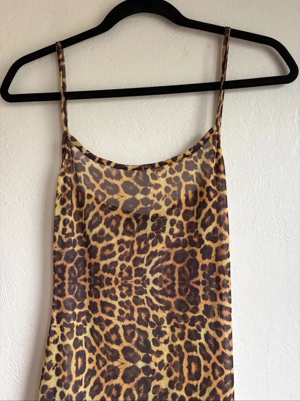 Pretty little thing leopard dress see through swim coverup long size 4 - Image 2