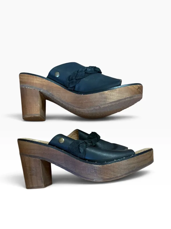 Free people size 38 8 chunky leather Black Braided Open-Toe Clog Mules - Image 8
