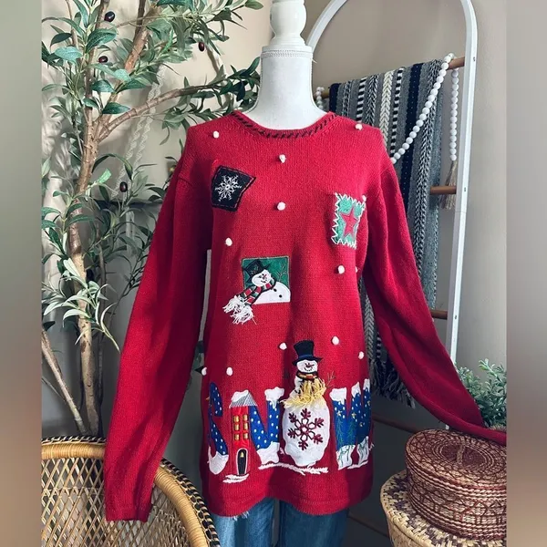 Vintage 90s Holiday Editions Christmas Whimsical Snowman Ugly Sweater - Image 9