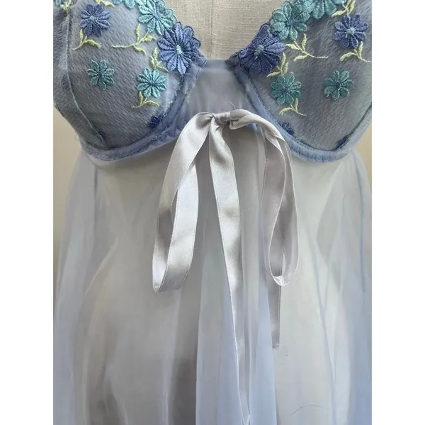 Source Unknown Y2K Fairycore Blue Sheer Babydoll Lingerie Dress Embroidered Mesh Y2K‎ M - Image 5