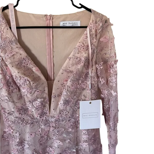NEW Mac Duggal Pink Floral Applique Long Sleeve Illusion Homecoming Wedding Gown - Image 6