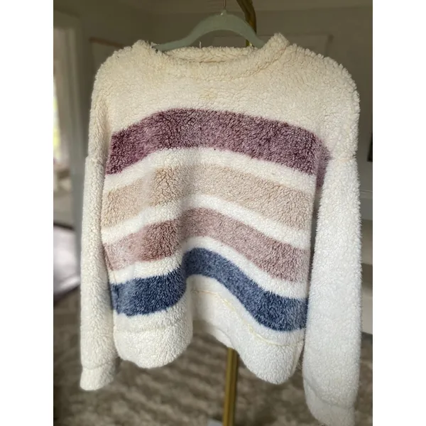 TS Sherpa Teddy‎ Boucle Pullover Sweater Buttery Soft Striped Fleece Winter Cozy - Image 2