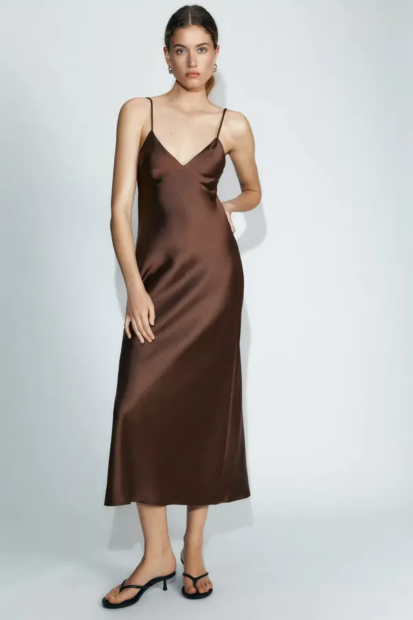 Zara Elegant Brown Satin Slip Dress Evening Party Wedding Casual - Image 7