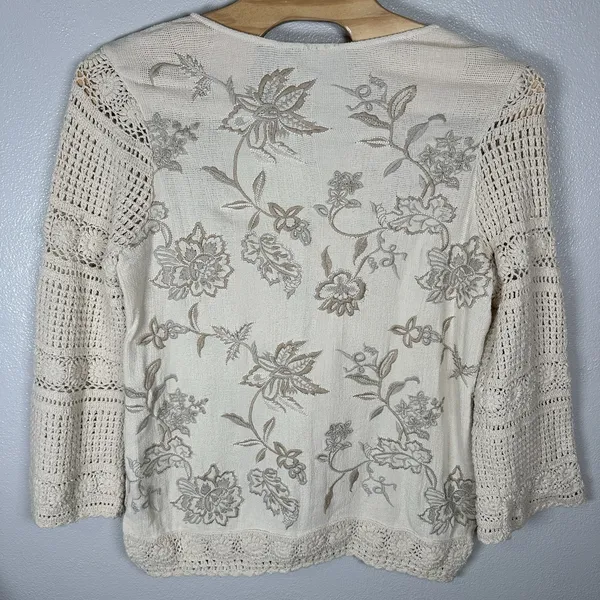 Soft Surroundings XL Ivory Beige Floral Embroidered Crochet Knit Sleeves Coastal - Image 5