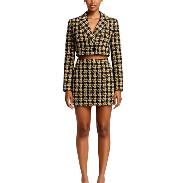 House of Harlow 1960 Yellow Black Gingham Long Sleeve Blazer Skirt 2 Pc Set S/M - Image 9