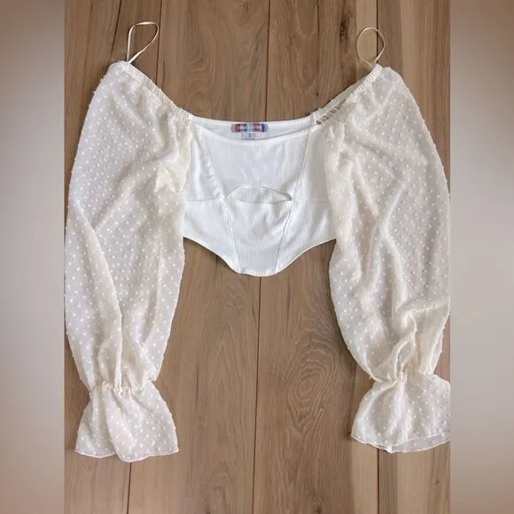Urban Outfitters Women's Puff sleeve Cropped Cream Party Concert Corset Top‎ blouse size medium - Image 2