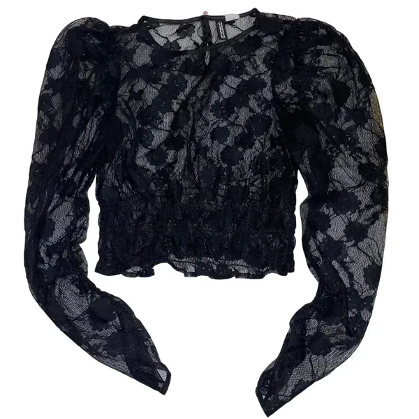 H&M Black Lace Puff Sleeve Top Sheer Romantic Coquette Going Out Blouse - Image 3