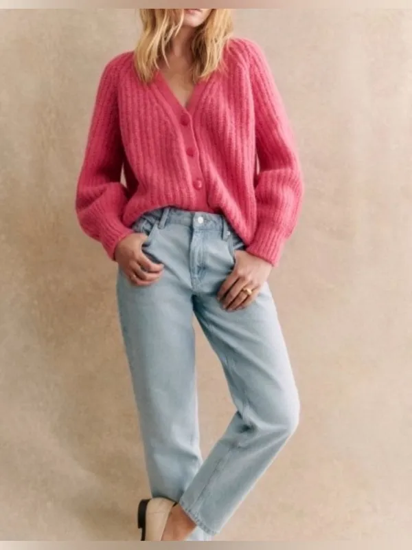 Sezane Basile Cardigan Pop Pink Alpaca Wool Chunky Knit Sweater XS - Image 4