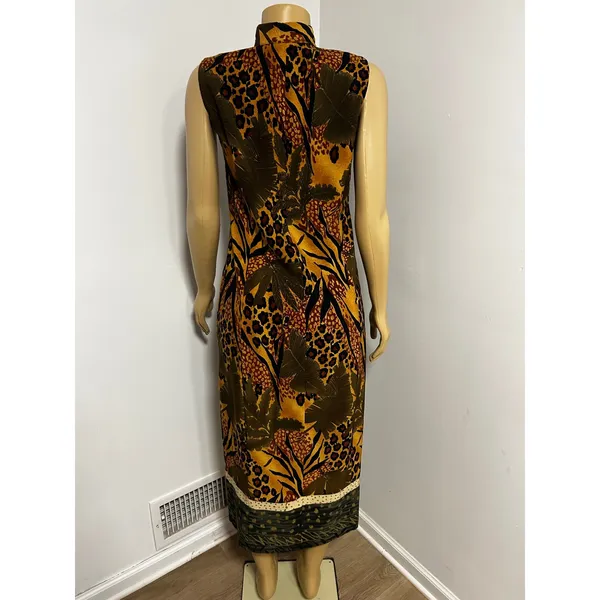 Y2K Olivia Rose Mixed Animal Tropical Print Sleeveless Midi Dress Gold Brown 8M - Image 4
