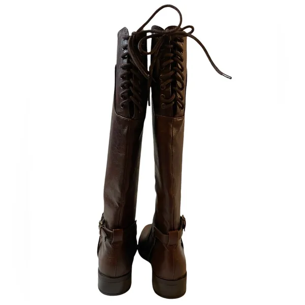 SODA Brown Knee High Faux Leather Rear Lacing Boots NIB - Size 6 - Image 6