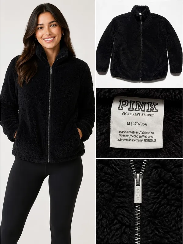 NK Victoria’s Secret Women’s Black Sherpa Fleece Full Zip Jacket Size M - Image 2