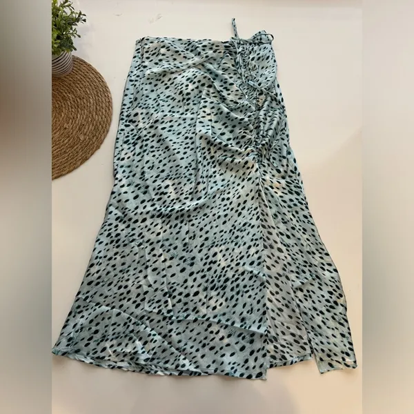 CIDER Blue Spot Leopard Print Drawstring Split Maxi Skirt‎ Large - Image 2