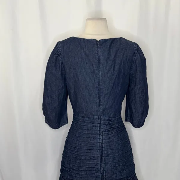 TANYA TAYLOR Pansy Dress Blue‎ Denim Pleated Mini Puffed Sleeves Flirty Size 6 - Image 9