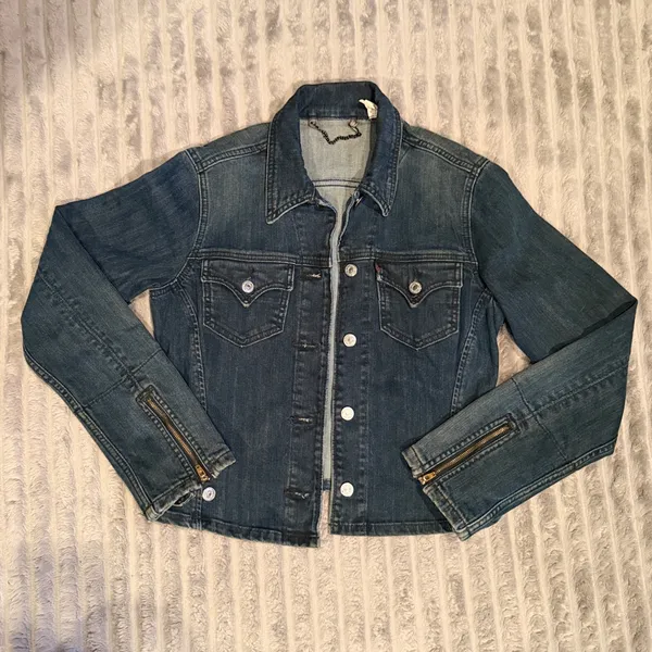80s/90s Retro Levis Women Dark Wash Denim Trucker Jacket Zipper‎ Cuffs Size M - Image 2