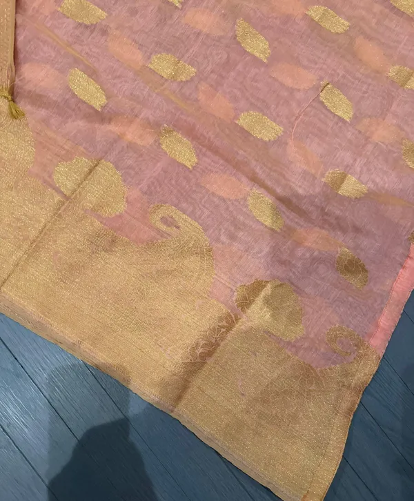 Indian Pakistani New Light Peach & Gold Organza Cotton Blend Stitched 2pc Suit - Image 6