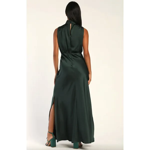 Lulus Classic Elegance Green Satin Sleeveless Mock Neck Maxi Dress Medium NWT - Image 2