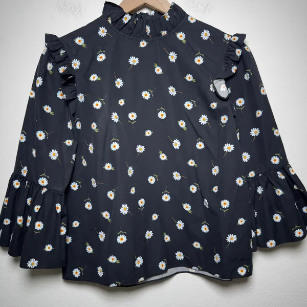 Alice + Olivia Women Cotton Henrietta Daisy Blouse Black Ruffle Bell Sleeve - Image 2