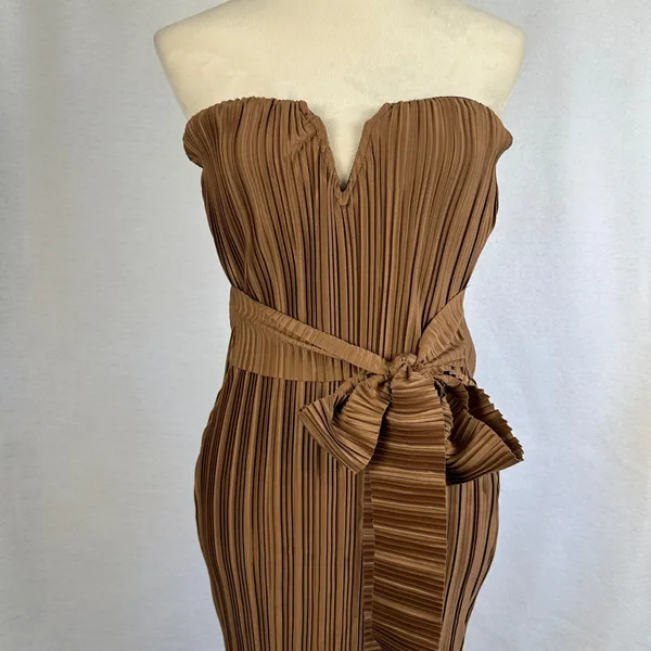 New PrettyLittleThing Chocolate Brown Plisse V Bar Tie‎ Waist Midi Dress Size 4 - Image 5