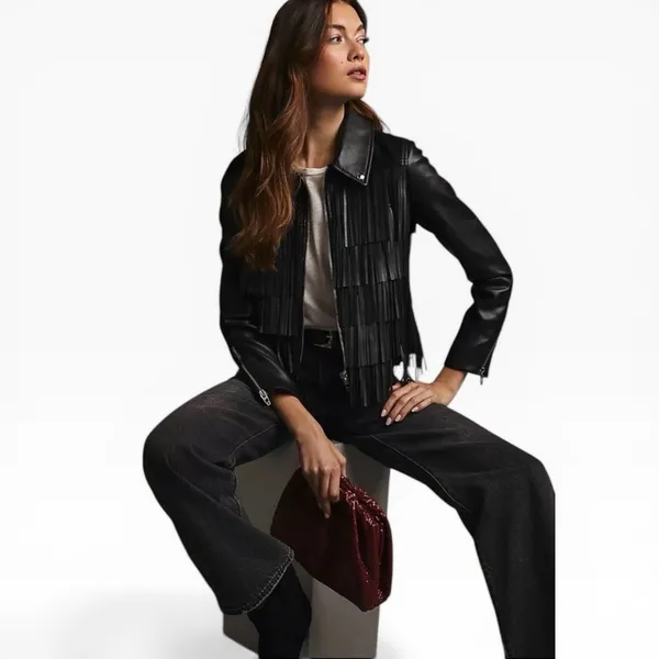 NEW BLANKNYC Fringe Thrills & Frills Faux Leather Full‎ Zip Moto Jacket Black XS - Image 2