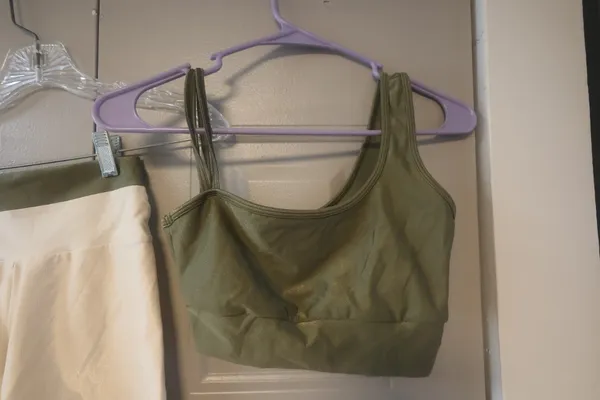 Workout exercise loungewear casual summer active shorts and one should top sports bra set in olive green and beige - Image 4