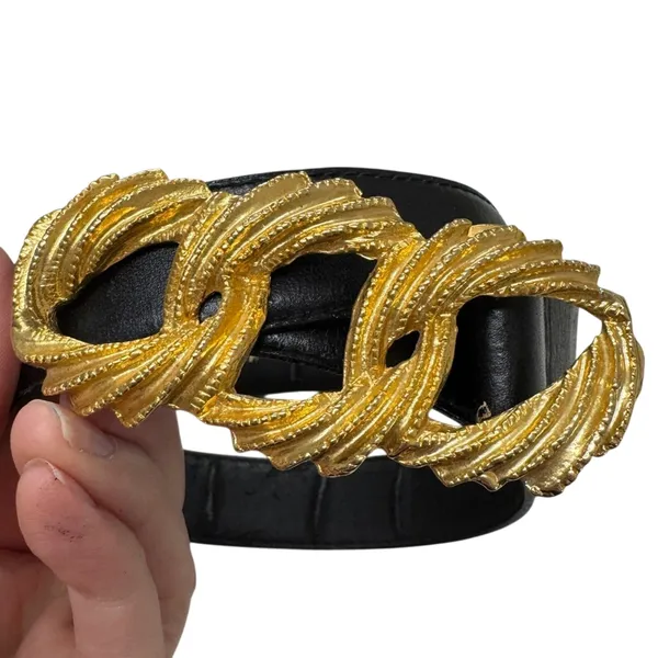 Crown Pacific Vintage Black Leather Gold Tone Buckle Belt Womens M - Image 2