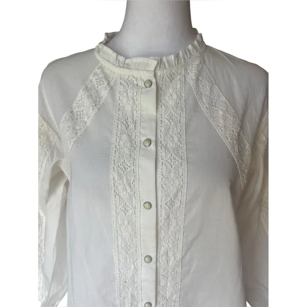 Tasha Polizzi White Cotton Lace Victorian Peasant Button Up Blouse Womens Medium - Image 4