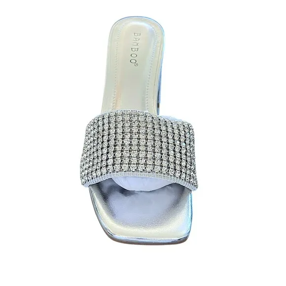 Bamboo Everlasting Silver Rhinestone‎ Embellished Block Heel Mules Sandals - Image 5