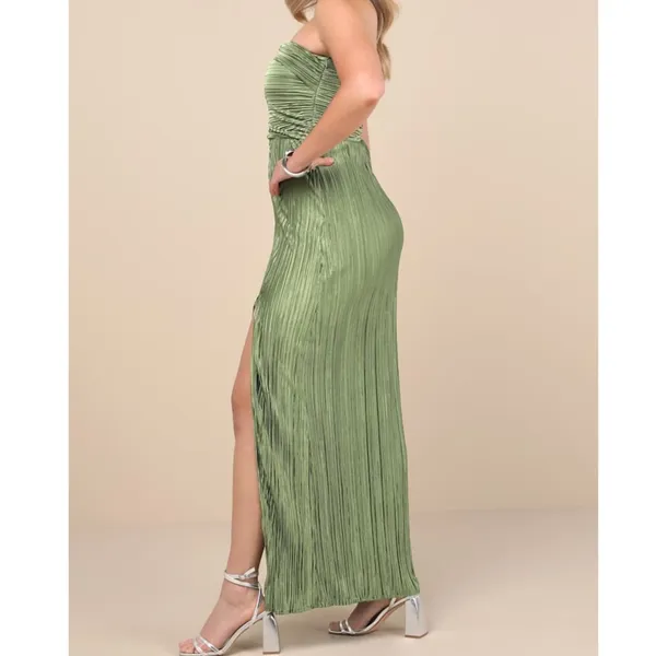NEW Lulus Poised Performance Olive Green Plisse One-Shoulder Maxi Dress Large - Image 3