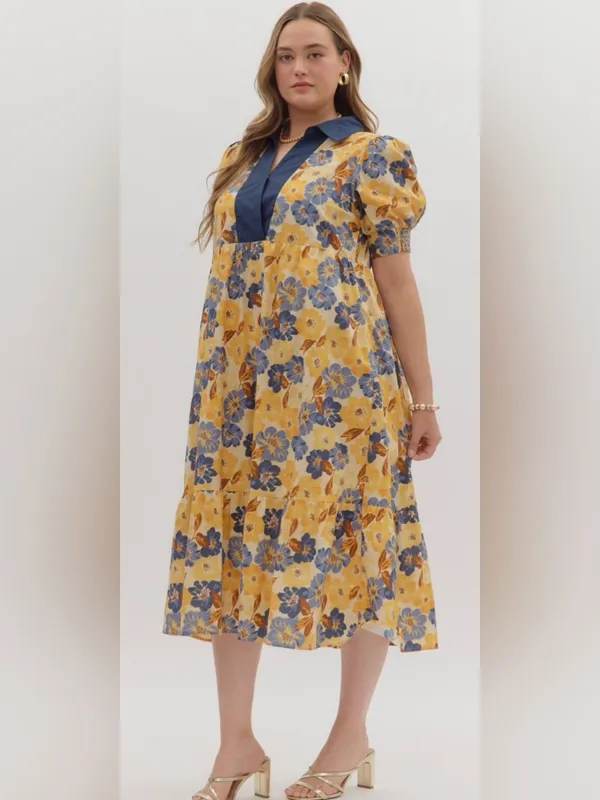 New!Entro Boutique Cotton Yellow Floral Midi Dress Pocket Navy Trim Size 2X - Image 2