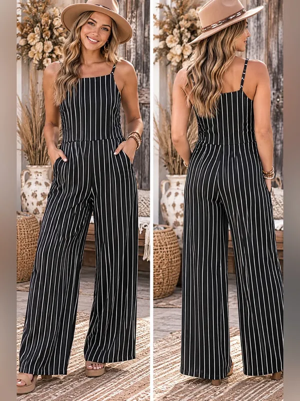 Moa Moa Black & White Vertical-Stripe Wide-Leg Jumpsuit - Image 2