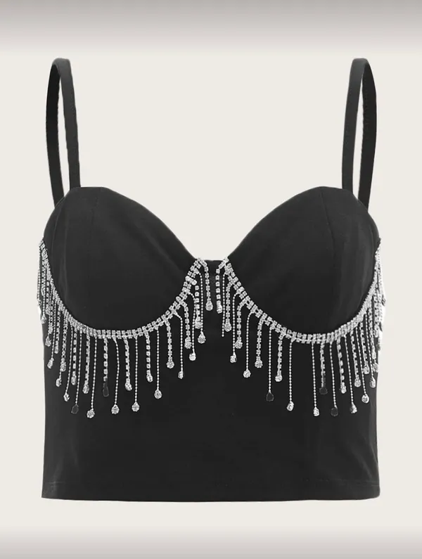 Black Crop Top With Rhinestone Fringe Detail - Image 4