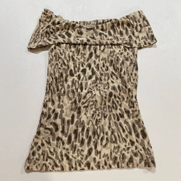 Pilcro Anthropologie Leopard Off Shoulder Ribbed Mini Dress XS Animal Print - Image 2