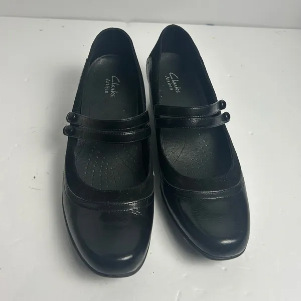 Clarks Artisan Black Leather Double Strap Mary Jane Wedge Pumps 87415 9M - Image 12