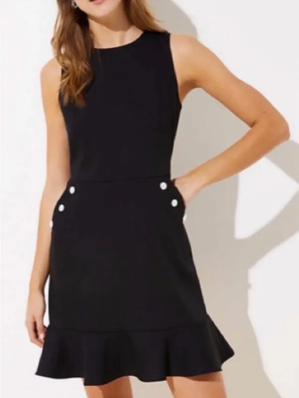 Ann Taylor LOFT Navy Blue Flounce Dress w/Faux Pearl Buttons Sz 0 Balletcore - Image 2