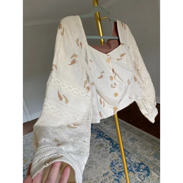Handmade Linen Embroidered Cardigan Button‎ Front Lace Boho Medieval Cottagecore - Image 4