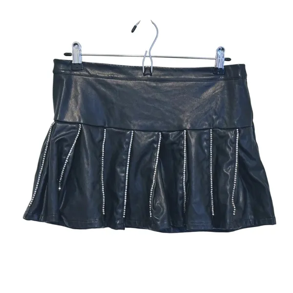 Hot & Delicious VTG Y2K Rhinestone Vegan Leather Micro Mini Skirt Pleated Large Black 90s Retro - Image 2