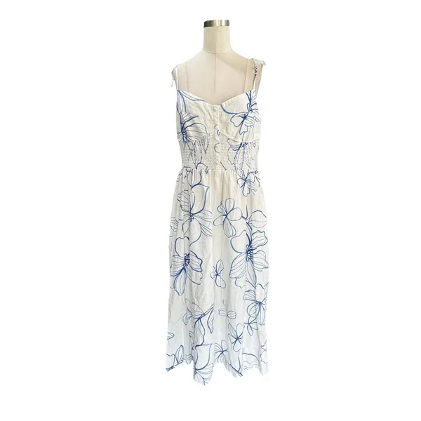 Gap Linen-Blend Smocked Corset Midi Dress Blue & White Floral Size Medium - Image 3