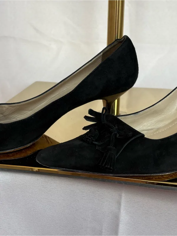 Black Suede Pointed-Toe Tassel Kitten Heel - Image 2
