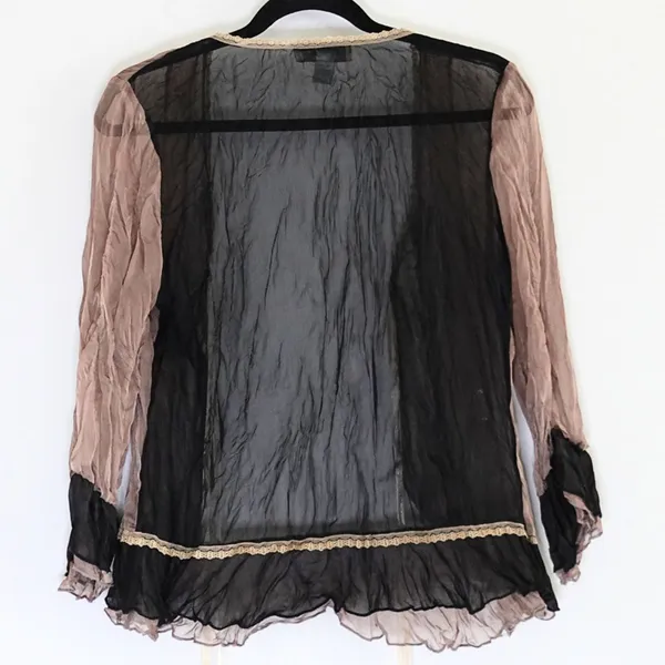 Vintage Young Essence 100% Silk Brown & Black Sequin Tie Front Cardigan Size S - Image 3