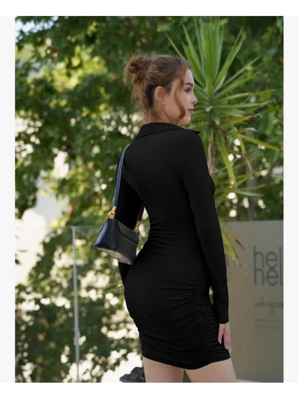 NEW Bodycon Long Sleeves Deep V-Neck Ruched Asymmetric Club Party Dress M - Image 7