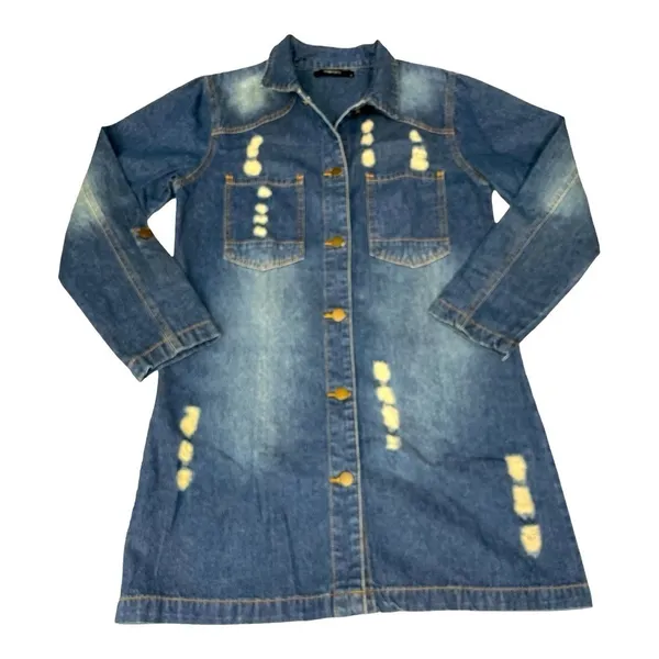 Woman Distressed Denim Jacket Shirt Dress Medium Medium Wash Long Sleeve - Image 9